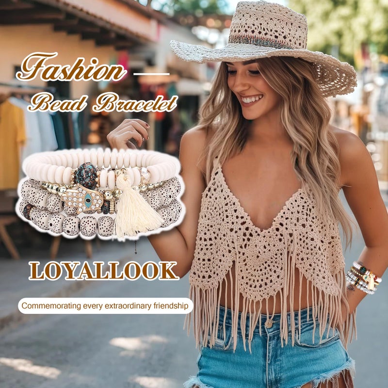LOYALLOOK 8 Sets Bohemian Stackable Bead Bracelets for Women Stretch Multilayered Boho Stackable Bracelets Stack Beads Multicolor Beaded Strand Bangle Charm Bracelets Boho Tassel Bracelet Set Handmade - Image 2